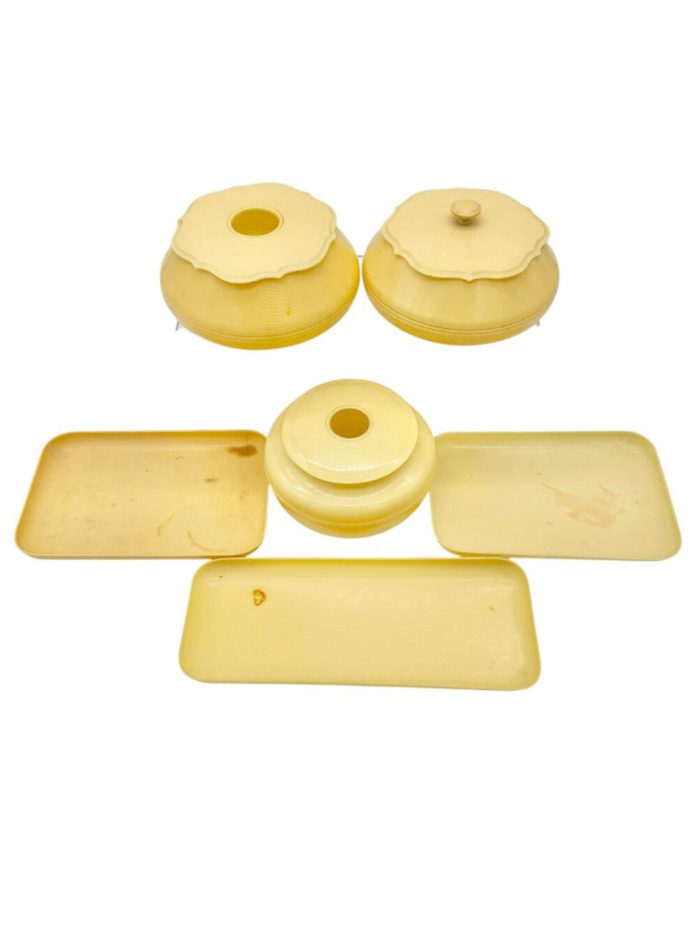Vintage Celluloid Vanity Set Circa 1920s-30s Yellow with 3 Lidded Jars 3 Trays